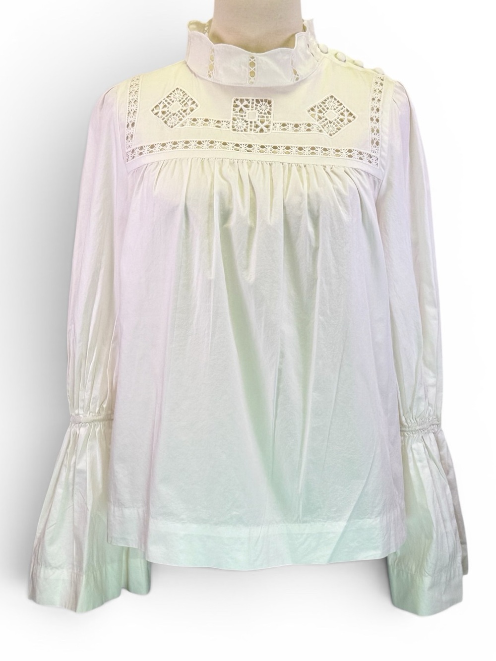 Free People Another Eternity Blouse White Victorian Eyelet Bell Sleeve Size M